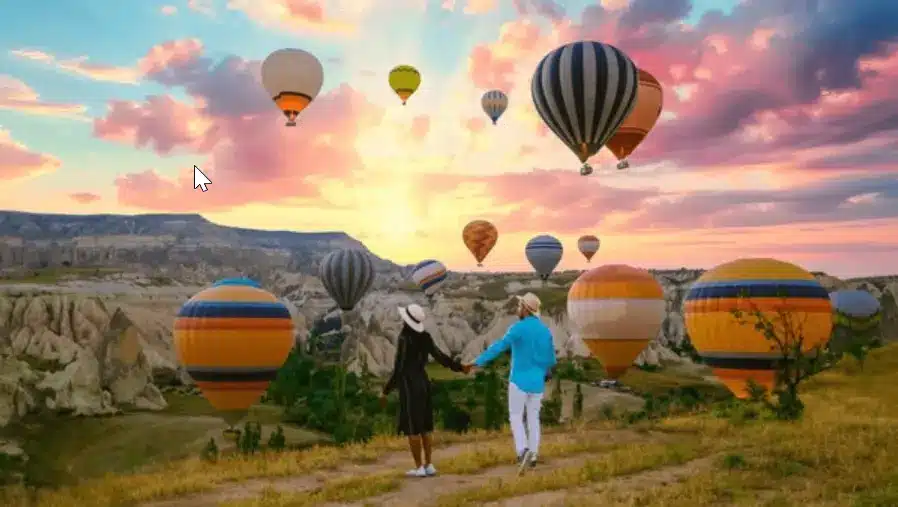 couple enjoys hot air balloon at Cappadocia
